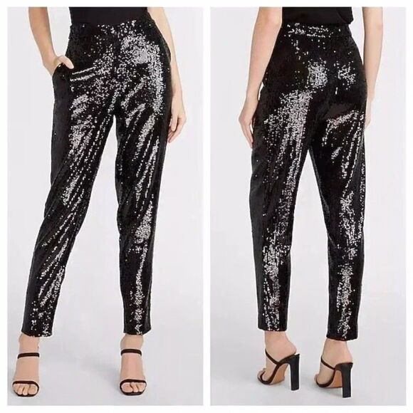 Express High Waisted Sequin Cocktail Party Ankle Pant Black Size Medium NWT - Picture 1 of 13